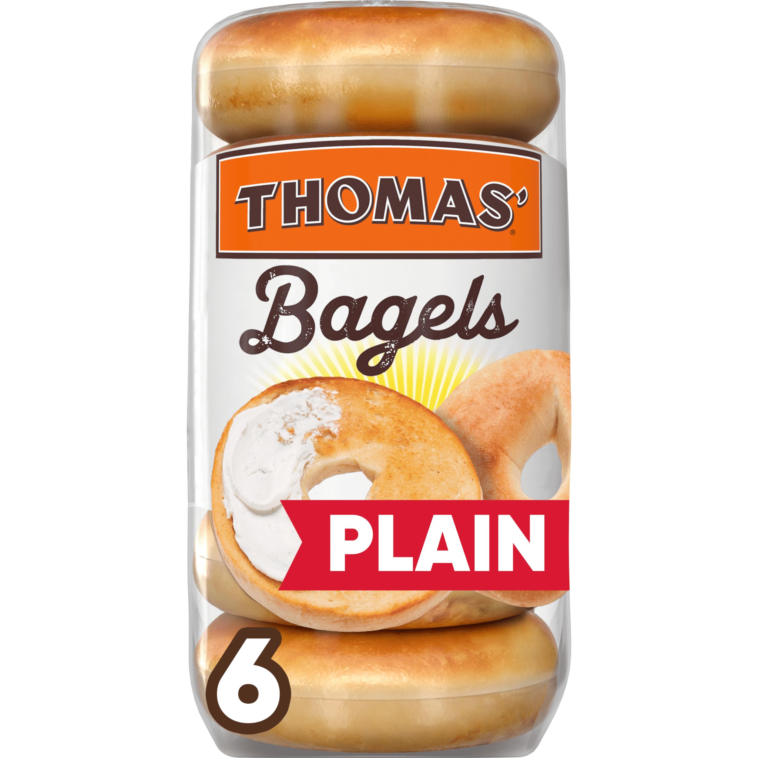 Thomas' Plain Bagels No High Fructose Corn Syrup, Low Sugar Bagels 6 Pre Sliced, 20 Oz Ideal for Breakfast