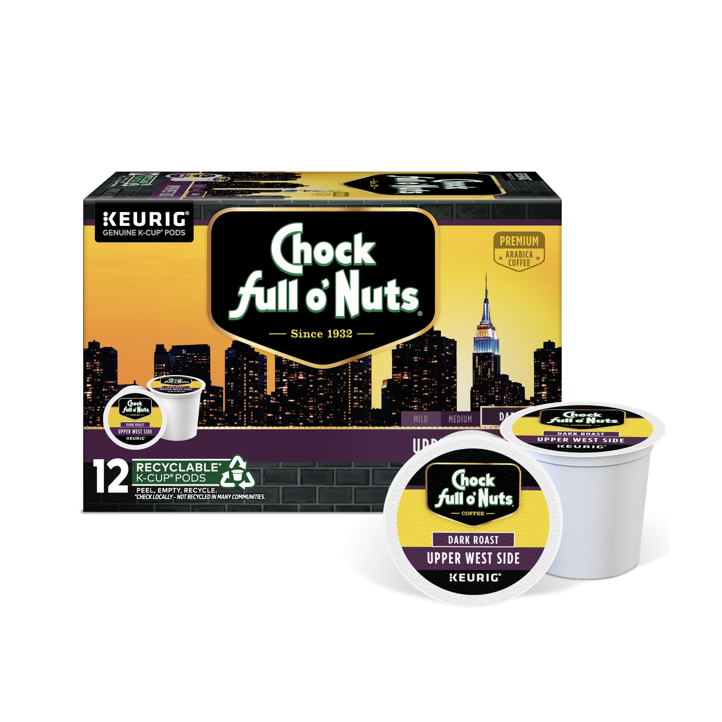 Chock full o'Nuts Upper West Side Keurig K-Cup Pods - Premium Arabica Dark Roast - 1 Pack of 12 Pods  
Chock full o'Nuts