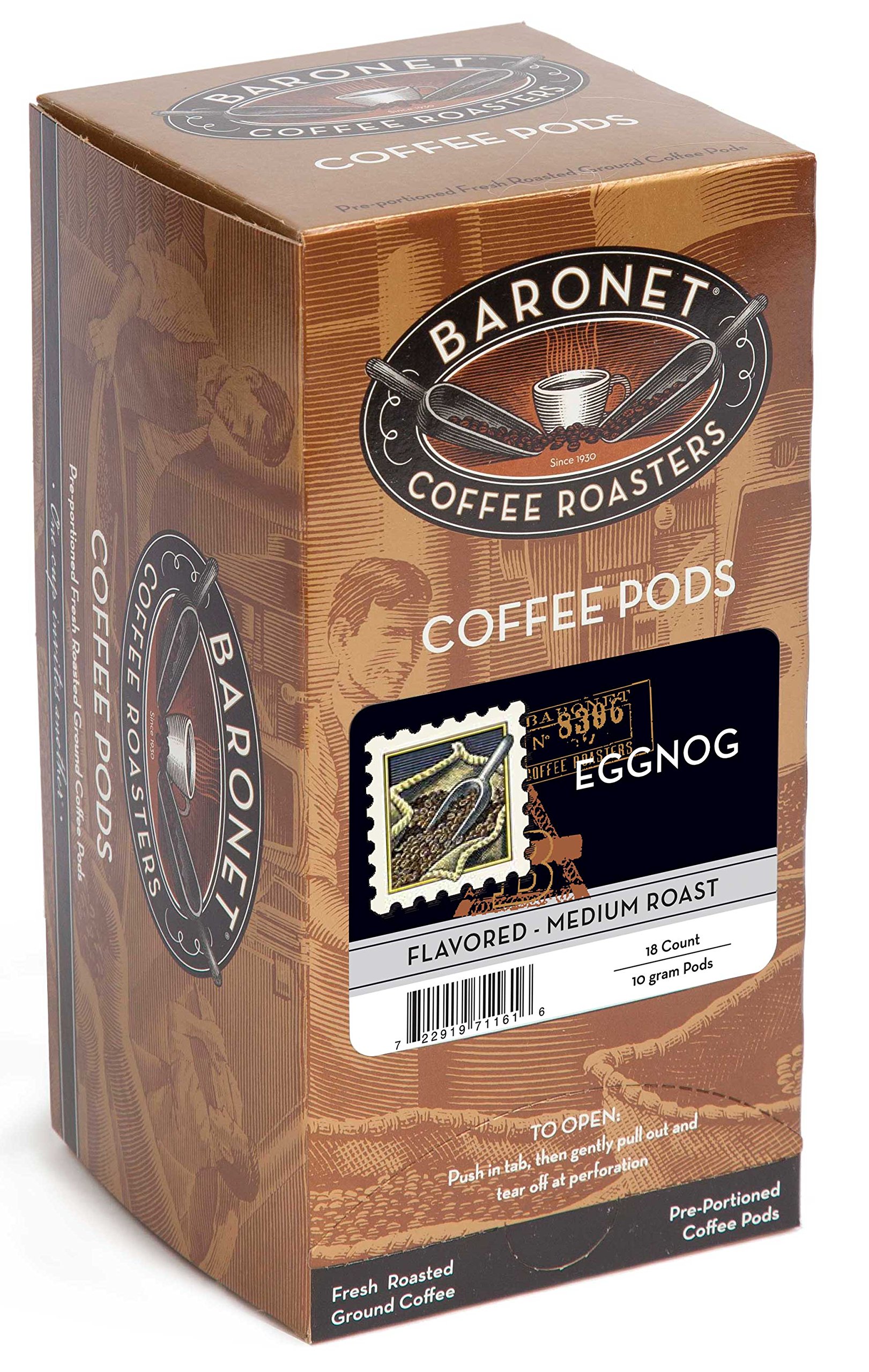 Baronet Egg Nog Coffee Pods [3 Boxes of 18 Single Serve 10 Gram] Regular Strength, Medium Roast, Flavored Singles Cup Us